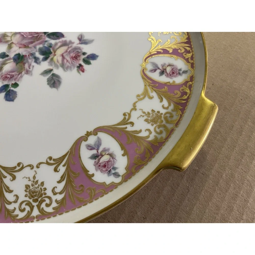 Kaiser Porcelain W. Germany 13.75″‎ Handled Charger/Tray – Pink Roses, Gold Trim